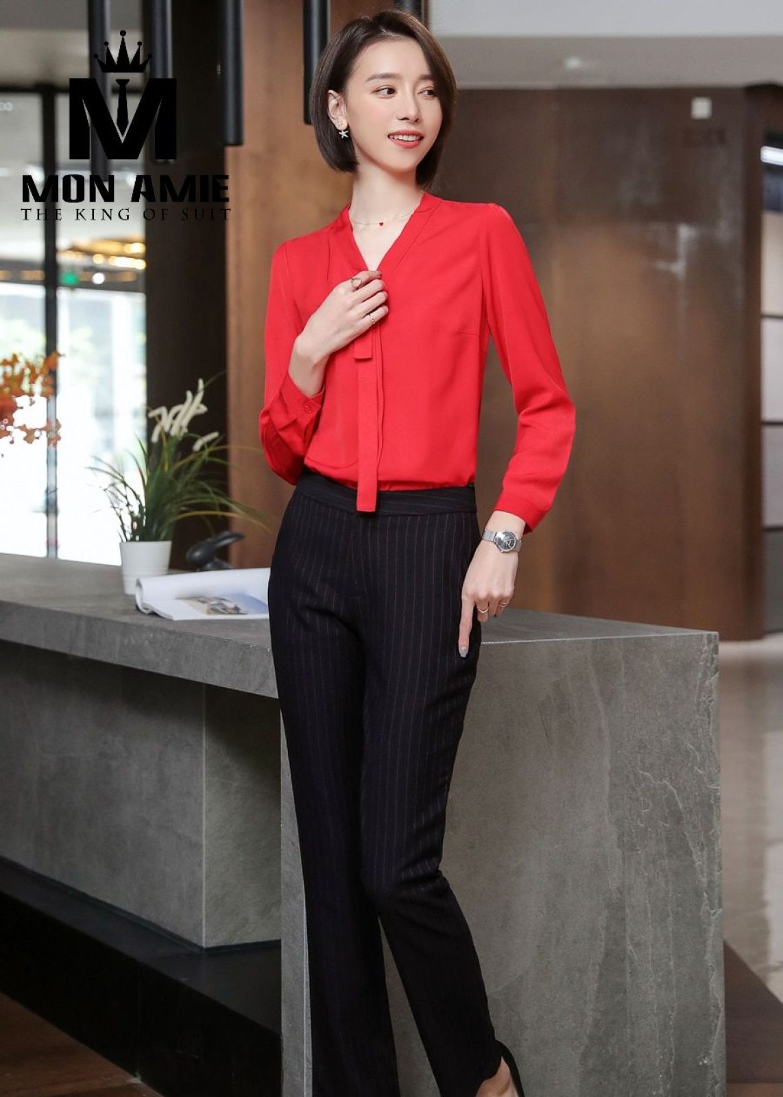 Red Soft Chifon Vneck Shirt 